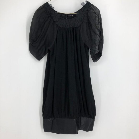 NWT Erica Davies Wool Gauze Short Puff sleeve Black Mini Dress with satin hem XS - Picture 16 of 16